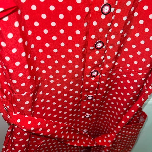 Ruffle Sleeve Red Polka-Dot Button Dress w/Pockets - Picture 5 of 6